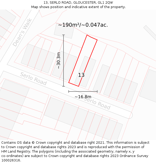 13, SERLO ROAD, GLOUCESTER, GL1 2QW: Plot and title map