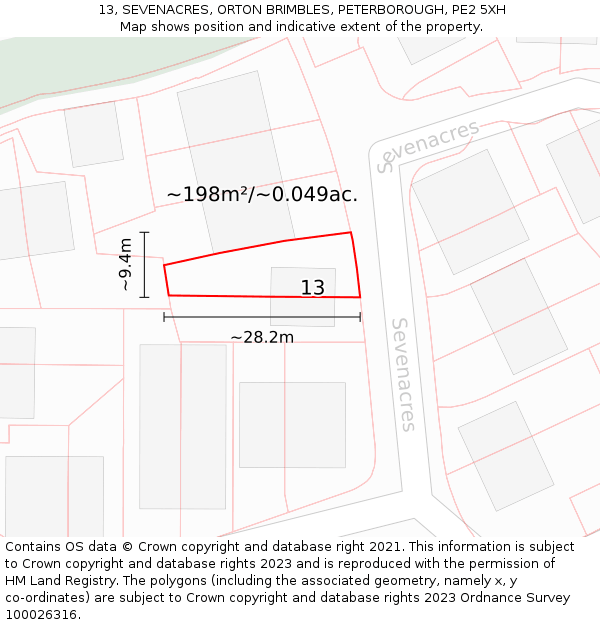 13, SEVENACRES, ORTON BRIMBLES, PETERBOROUGH, PE2 5XH: Plot and title map