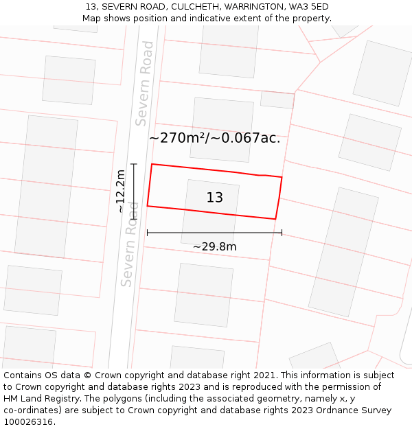 13, SEVERN ROAD, CULCHETH, WARRINGTON, WA3 5ED: Plot and title map
