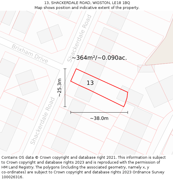 13, SHACKERDALE ROAD, WIGSTON, LE18 1BQ: Plot and title map