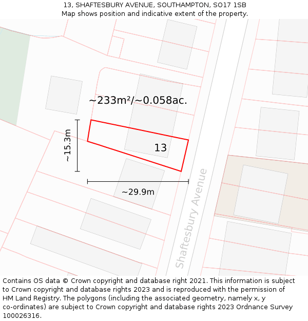 13, SHAFTESBURY AVENUE, SOUTHAMPTON, SO17 1SB: Plot and title map