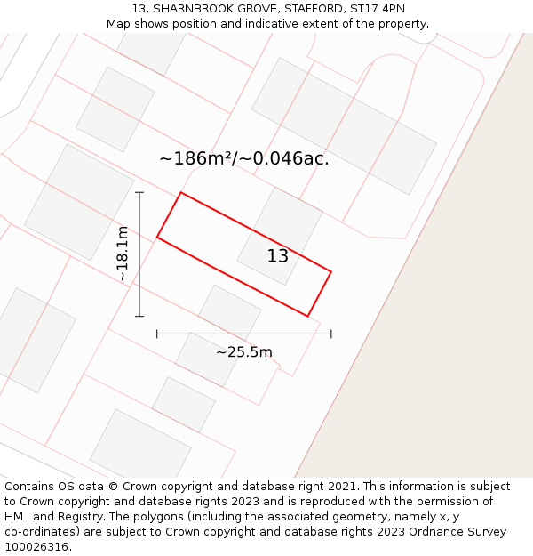 13, SHARNBROOK GROVE, STAFFORD, ST17 4PN: Plot and title map
