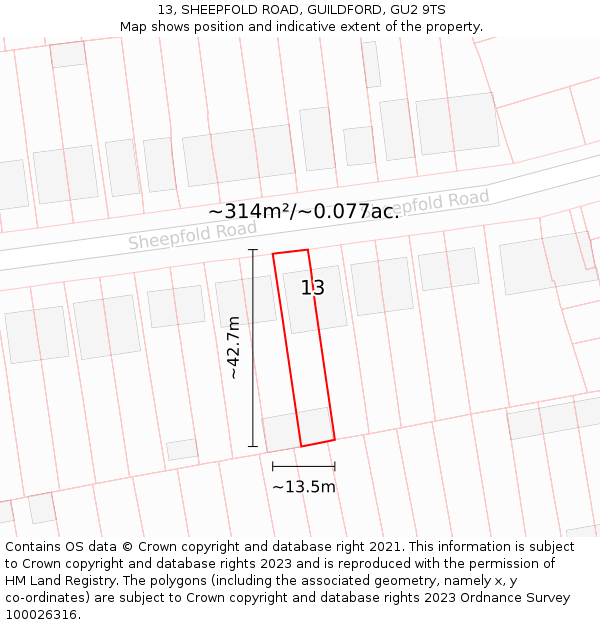 13, SHEEPFOLD ROAD, GUILDFORD, GU2 9TS: Plot and title map