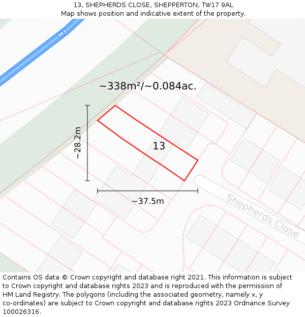 13, SHEPHERDS CLOSE, SHEPPERTON, TW17 9AL: Plot and title map