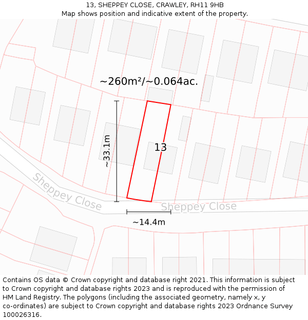 13, SHEPPEY CLOSE, CRAWLEY, RH11 9HB: Plot and title map