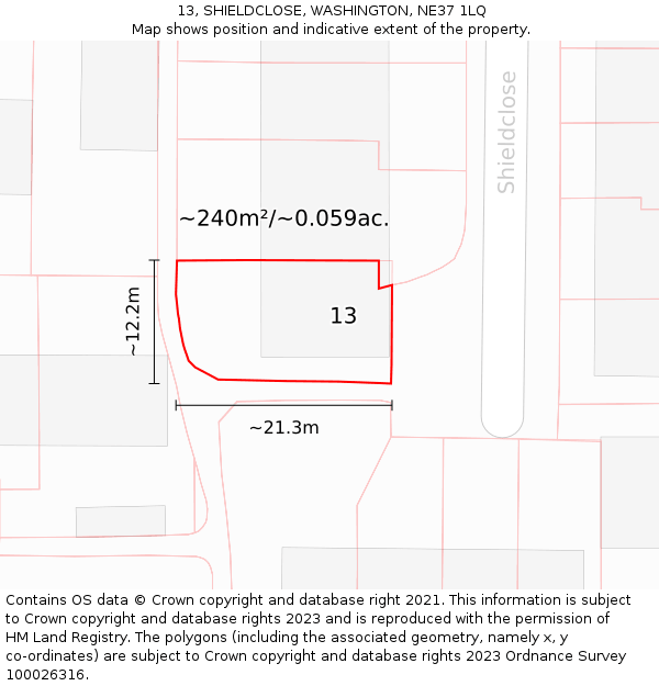 13, SHIELDCLOSE, WASHINGTON, NE37 1LQ: Plot and title map