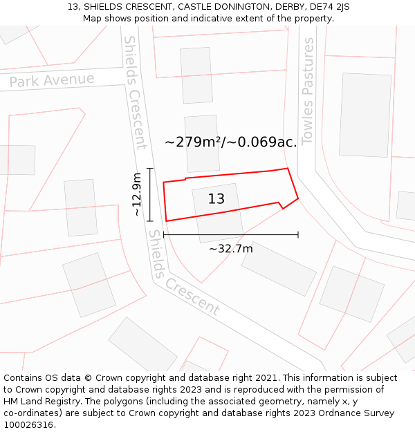 13, SHIELDS CRESCENT, CASTLE DONINGTON, DERBY, DE74 2JS: Plot and title map