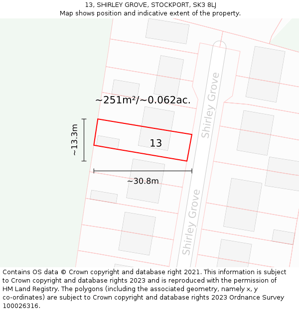 13, SHIRLEY GROVE, STOCKPORT, SK3 8LJ: Plot and title map
