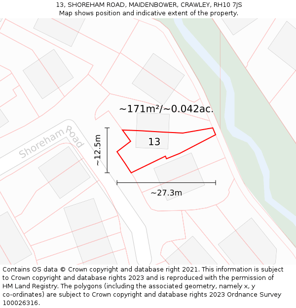 13, SHOREHAM ROAD, MAIDENBOWER, CRAWLEY, RH10 7JS: Plot and title map