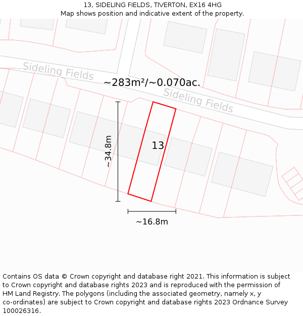 13, SIDELING FIELDS, TIVERTON, EX16 4HG: Plot and title map