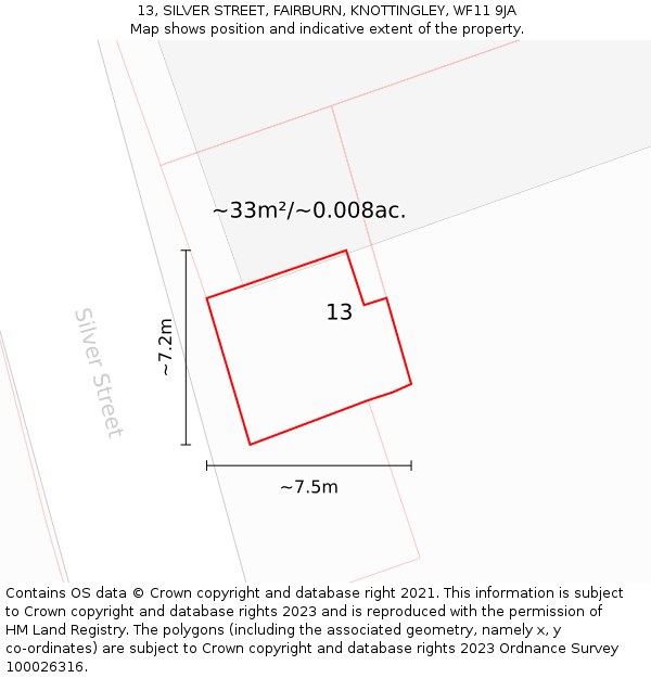 13, SILVER STREET, FAIRBURN, KNOTTINGLEY, WF11 9JA: Plot and title map