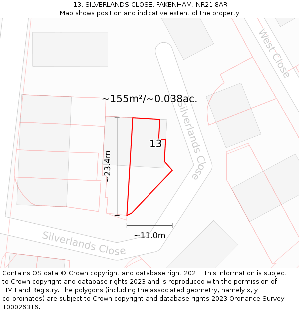 13, SILVERLANDS CLOSE, FAKENHAM, NR21 8AR: Plot and title map