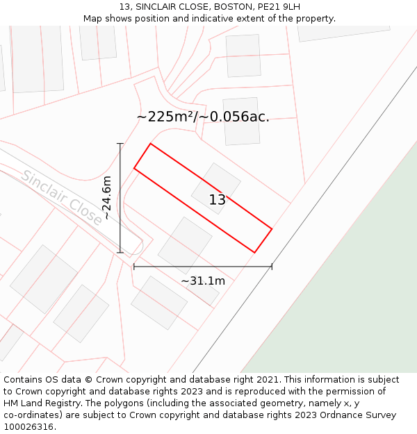 13, SINCLAIR CLOSE, BOSTON, PE21 9LH: Plot and title map