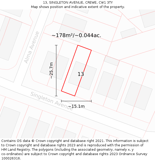 13, SINGLETON AVENUE, CREWE, CW1 3TY: Plot and title map