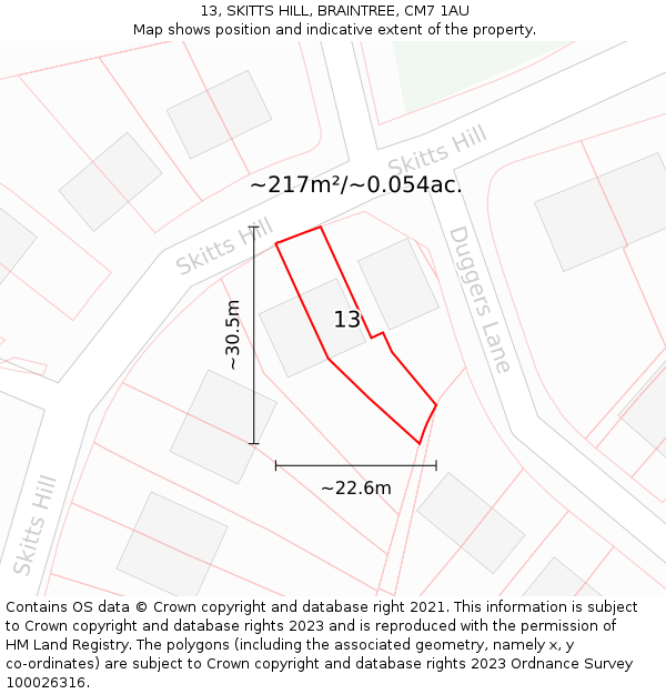 13, SKITTS HILL, BRAINTREE, CM7 1AU: Plot and title map