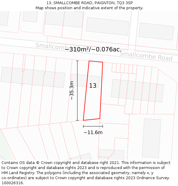 13, SMALLCOMBE ROAD, PAIGNTON, TQ3 3SP: Plot and title map