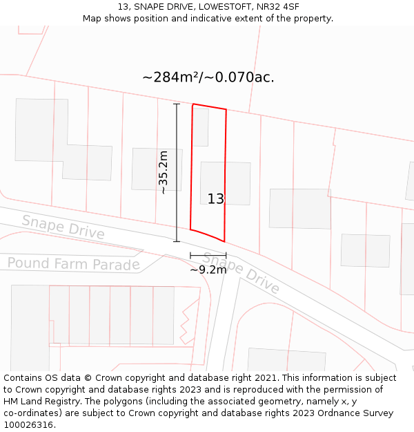 13, SNAPE DRIVE, LOWESTOFT, NR32 4SF: Plot and title map