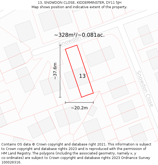 13, SNOWDON CLOSE, KIDDERMINSTER, DY11 5JH: Plot and title map
