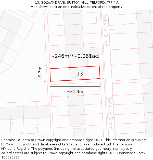 13, SOLWAY DRIVE, SUTTON HILL, TELFORD, TF7 4JA: Plot and title map