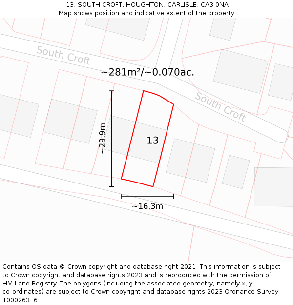 13, SOUTH CROFT, HOUGHTON, CARLISLE, CA3 0NA: Plot and title map