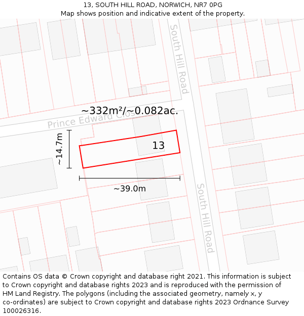 13, SOUTH HILL ROAD, NORWICH, NR7 0PG: Plot and title map