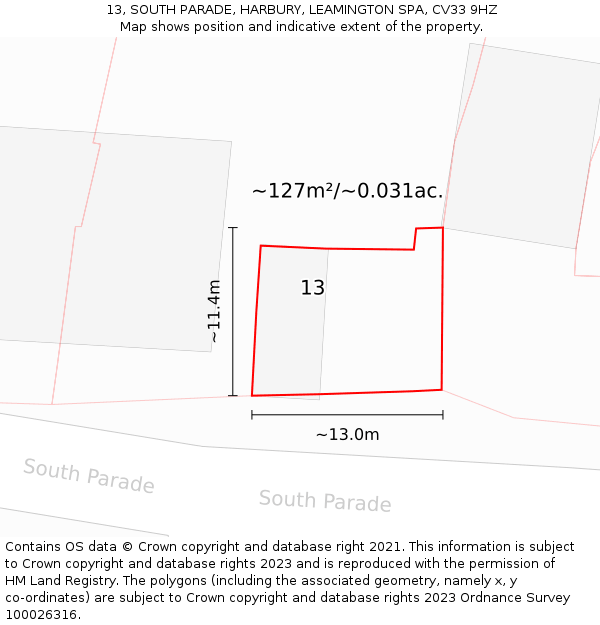 13, SOUTH PARADE, HARBURY, LEAMINGTON SPA, CV33 9HZ: Plot and title map