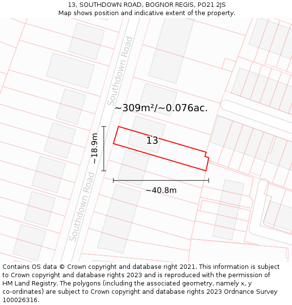 13, SOUTHDOWN ROAD, BOGNOR REGIS, PO21 2JS: Plot and title map