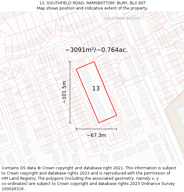 13, SOUTHFIELD ROAD, RAMSBOTTOM, BURY, BL0 9ST: Plot and title map