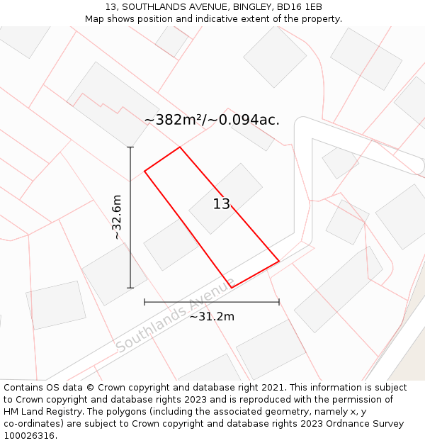 13, SOUTHLANDS AVENUE, BINGLEY, BD16 1EB: Plot and title map