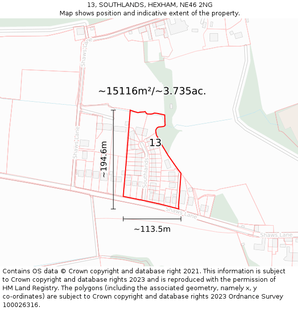 13, SOUTHLANDS, HEXHAM, NE46 2NG: Plot and title map