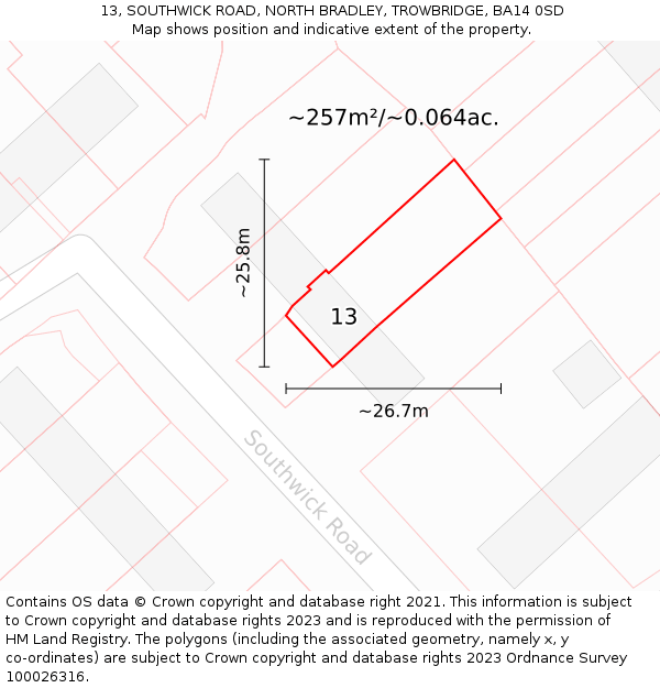 13, SOUTHWICK ROAD, NORTH BRADLEY, TROWBRIDGE, BA14 0SD: Plot and title map