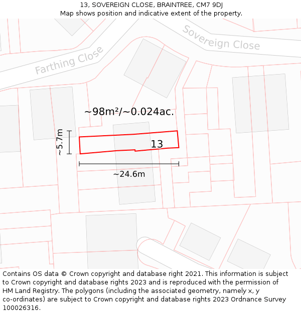 13, SOVEREIGN CLOSE, BRAINTREE, CM7 9DJ: Plot and title map