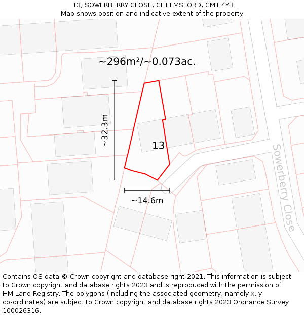 13, SOWERBERRY CLOSE, CHELMSFORD, CM1 4YB: Plot and title map
