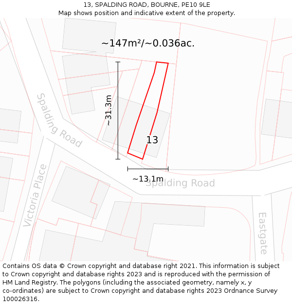 13, SPALDING ROAD, BOURNE, PE10 9LE: Plot and title map
