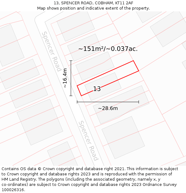 13, SPENCER ROAD, COBHAM, KT11 2AF: Plot and title map