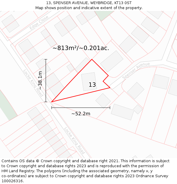 13, SPENSER AVENUE, WEYBRIDGE, KT13 0ST: Plot and title map