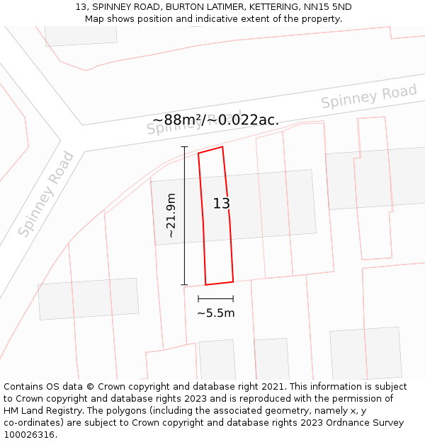 13, SPINNEY ROAD, BURTON LATIMER, KETTERING, NN15 5ND: Plot and title map