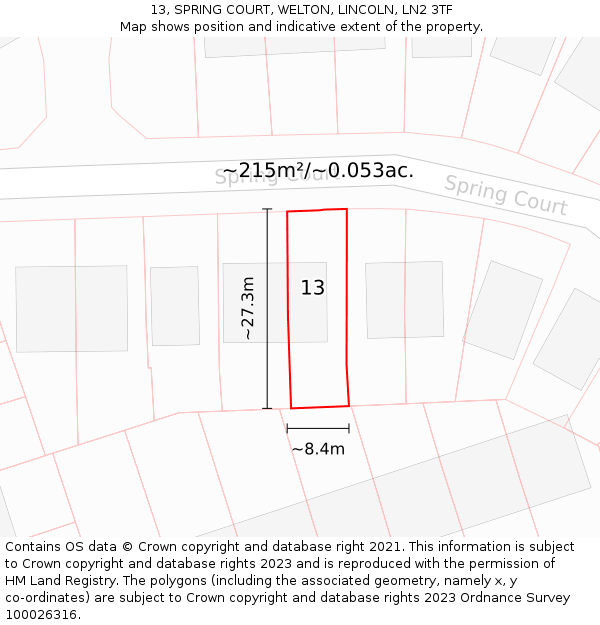 13, SPRING COURT, WELTON, LINCOLN, LN2 3TF: Plot and title map