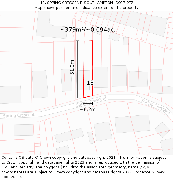 13, SPRING CRESCENT, SOUTHAMPTON, SO17 2FZ: Plot and title map