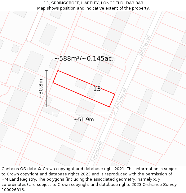 13, SPRINGCROFT, HARTLEY, LONGFIELD, DA3 8AR: Plot and title map