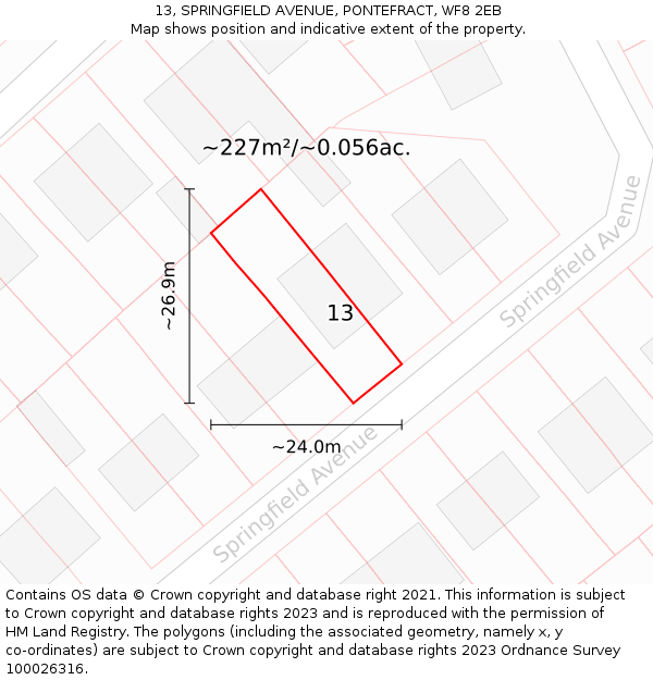 13, SPRINGFIELD AVENUE, PONTEFRACT, WF8 2EB: Plot and title map