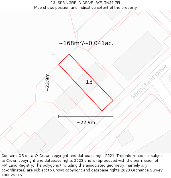 13, SPRINGFIELD DRIVE, RYE, TN31 7FL: Plot and title map