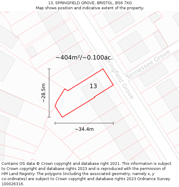 13, SPRINGFIELD GROVE, BRISTOL, BS6 7XG: Plot and title map