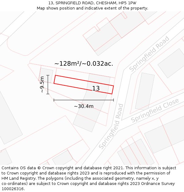 13, SPRINGFIELD ROAD, CHESHAM, HP5 1PW: Plot and title map