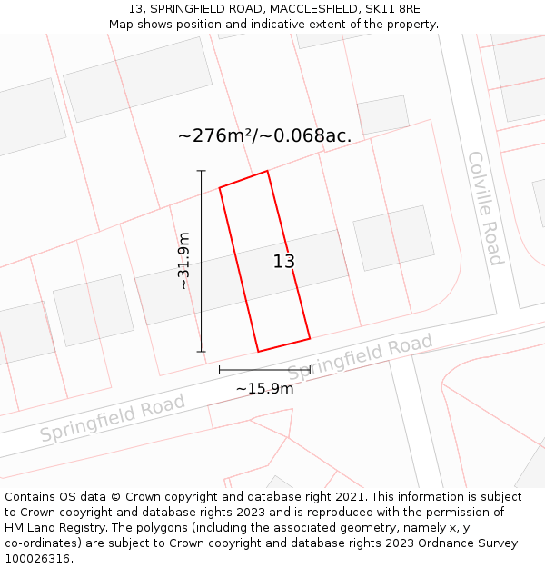 13, SPRINGFIELD ROAD, MACCLESFIELD, SK11 8RE: Plot and title map