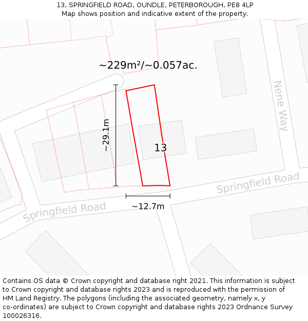 13, SPRINGFIELD ROAD, OUNDLE, PETERBOROUGH, PE8 4LP: Plot and title map