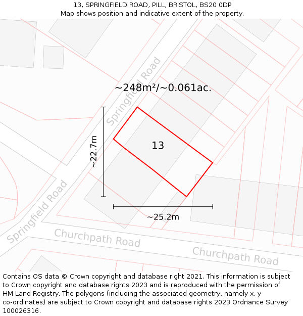 13, SPRINGFIELD ROAD, PILL, BRISTOL, BS20 0DP: Plot and title map