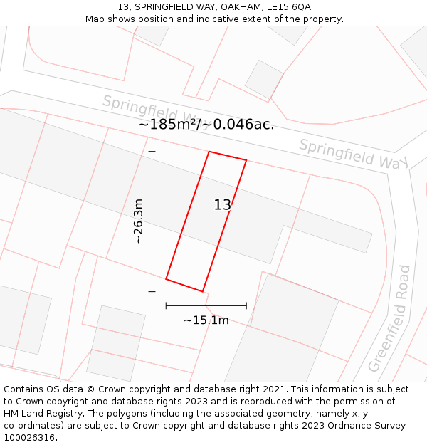 13, SPRINGFIELD WAY, OAKHAM, LE15 6QA: Plot and title map