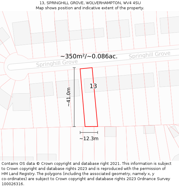 13, SPRINGHILL GROVE, WOLVERHAMPTON, WV4 4SU: Plot and title map
