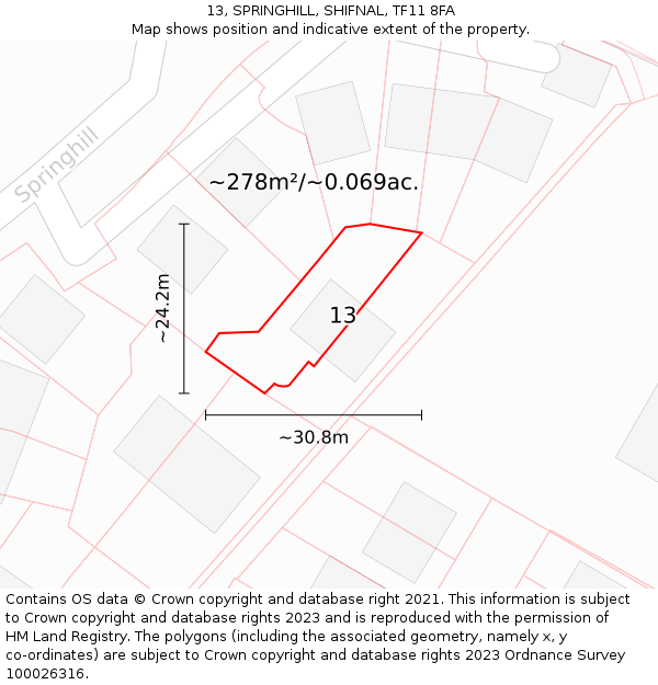 13, SPRINGHILL, SHIFNAL, TF11 8FA: Plot and title map